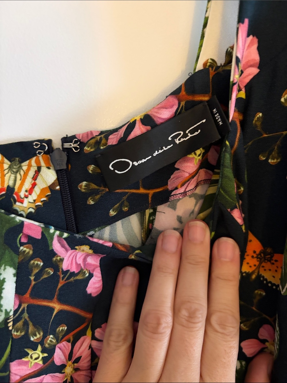 Oscar de la Renta Navy Floral Midi Dress with Pink & Green Print - Picture 5 of 5
